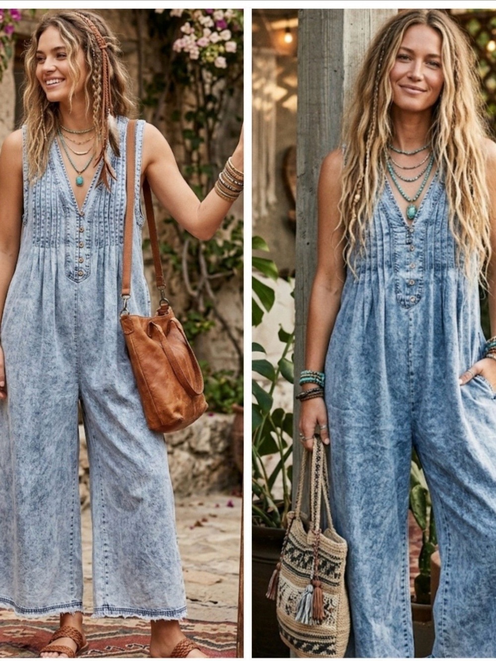 Bohemian Washed Denim Jumpsuit - Light Blue